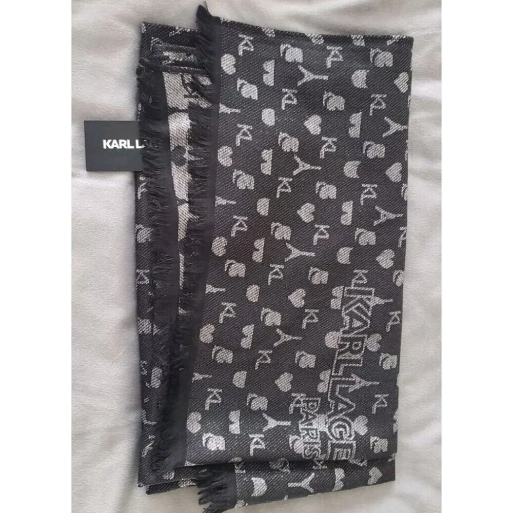 NWT KARL LAGERFELD PARIS LOGO ALL OVER PRINT BLACK METALLIC SILVER SCARF WRAP